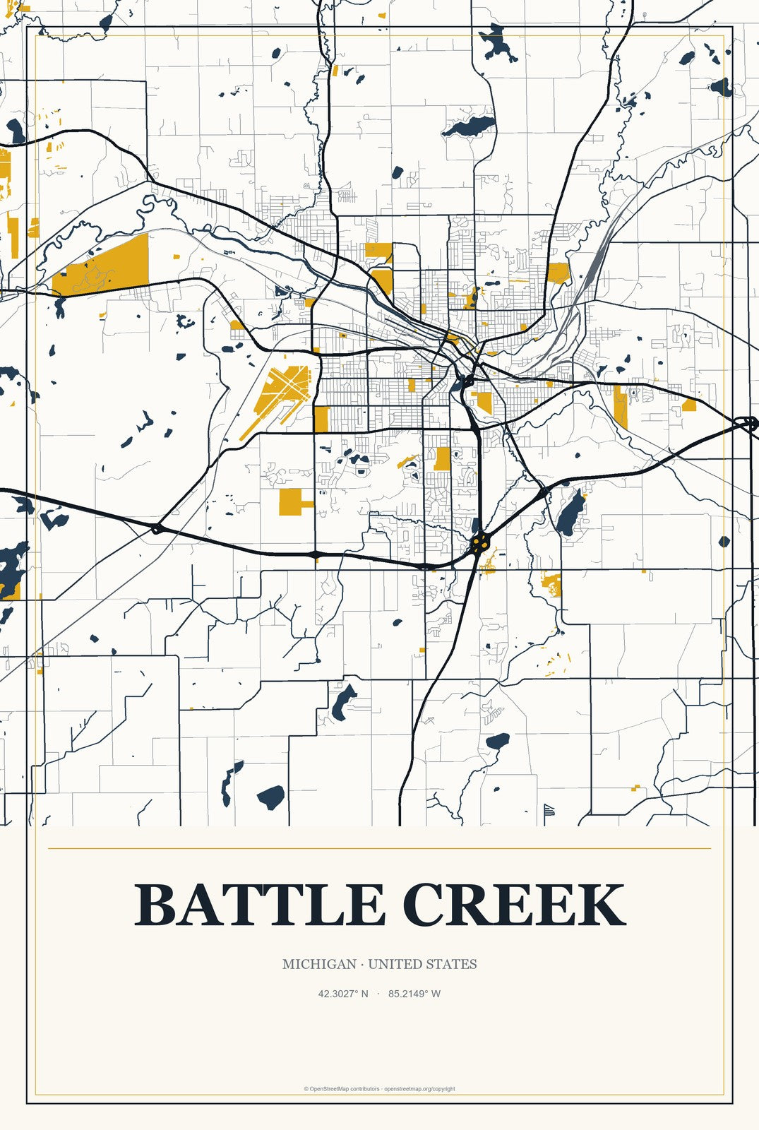 Battle Creek, Michigan City Map Aluminum Sign in Citrine Modern style