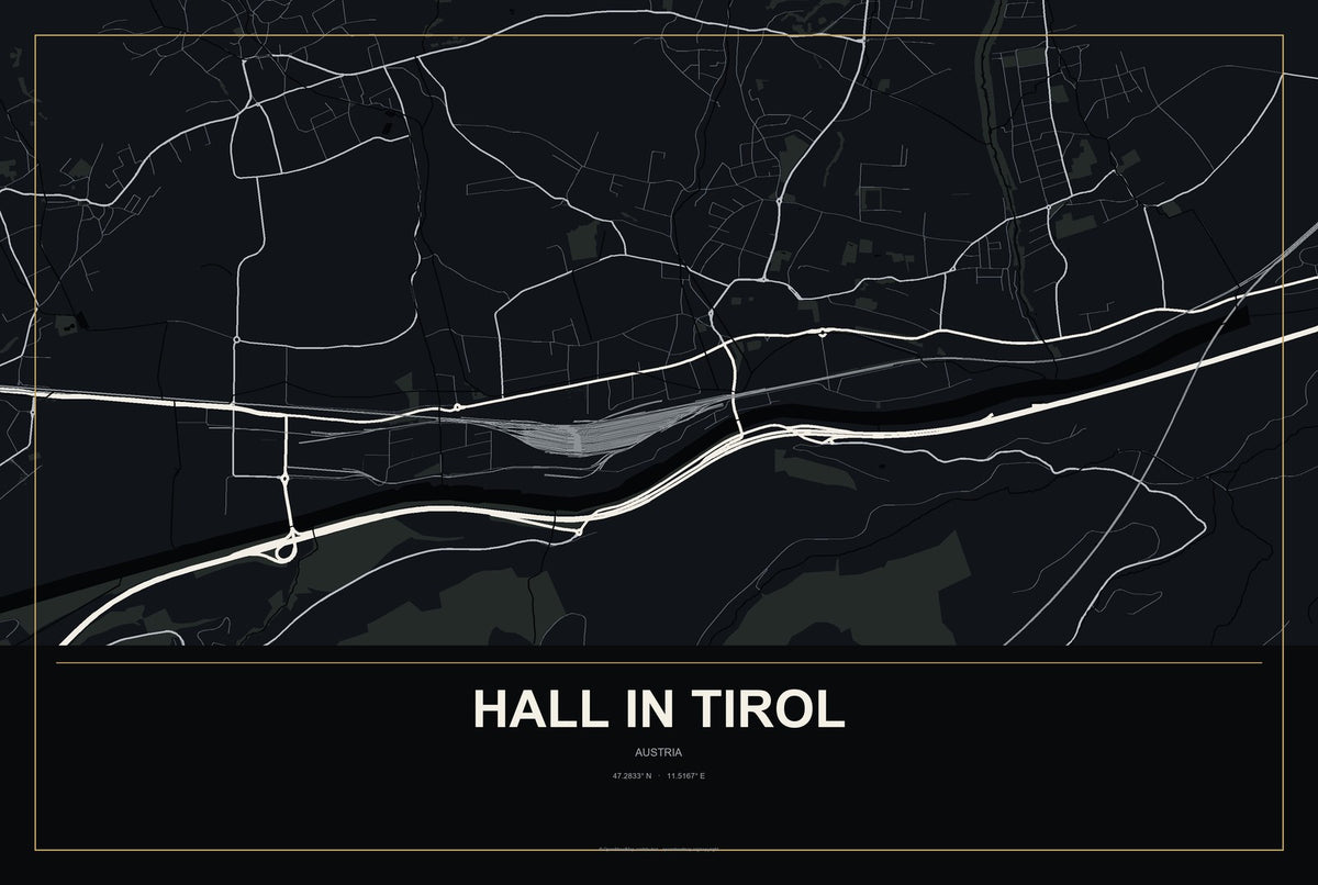Hall in Tirol, Austria City Map Aluminum Sign in Metropolitan Noir style