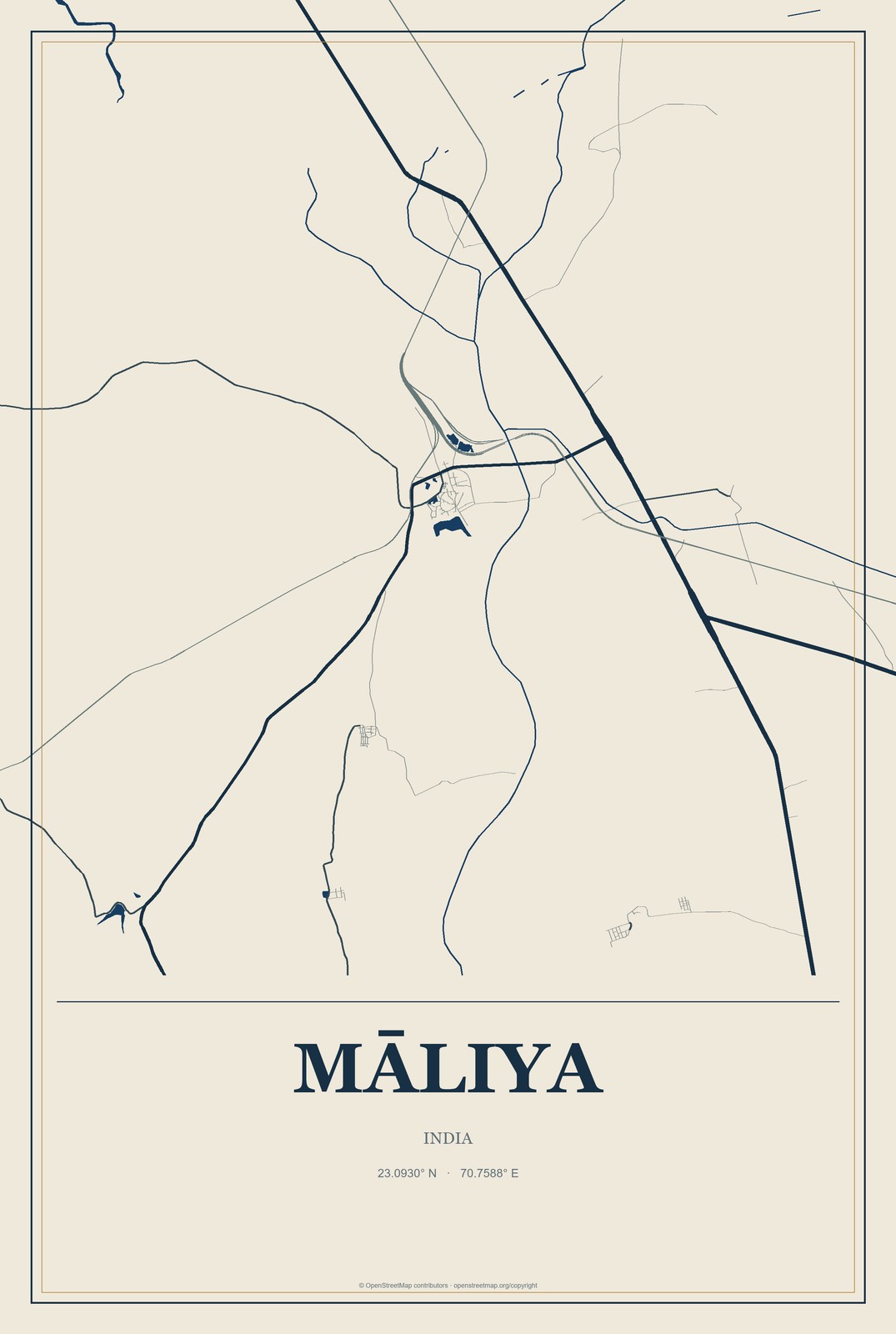 Māliya, India City Map Aluminum Sign in Coastal Cutout style