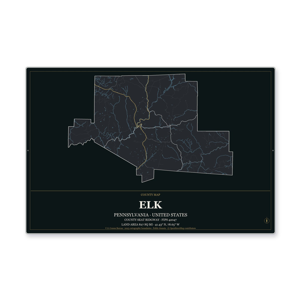 Elk County, Pennsylvania Map Aluminum Sign in Metropolitan Noir style