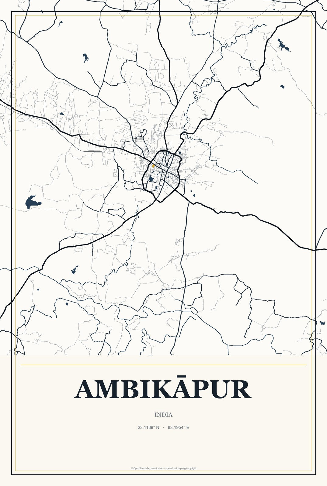 Ambikāpur, India City Map Aluminum Sign in Citrine Modern style