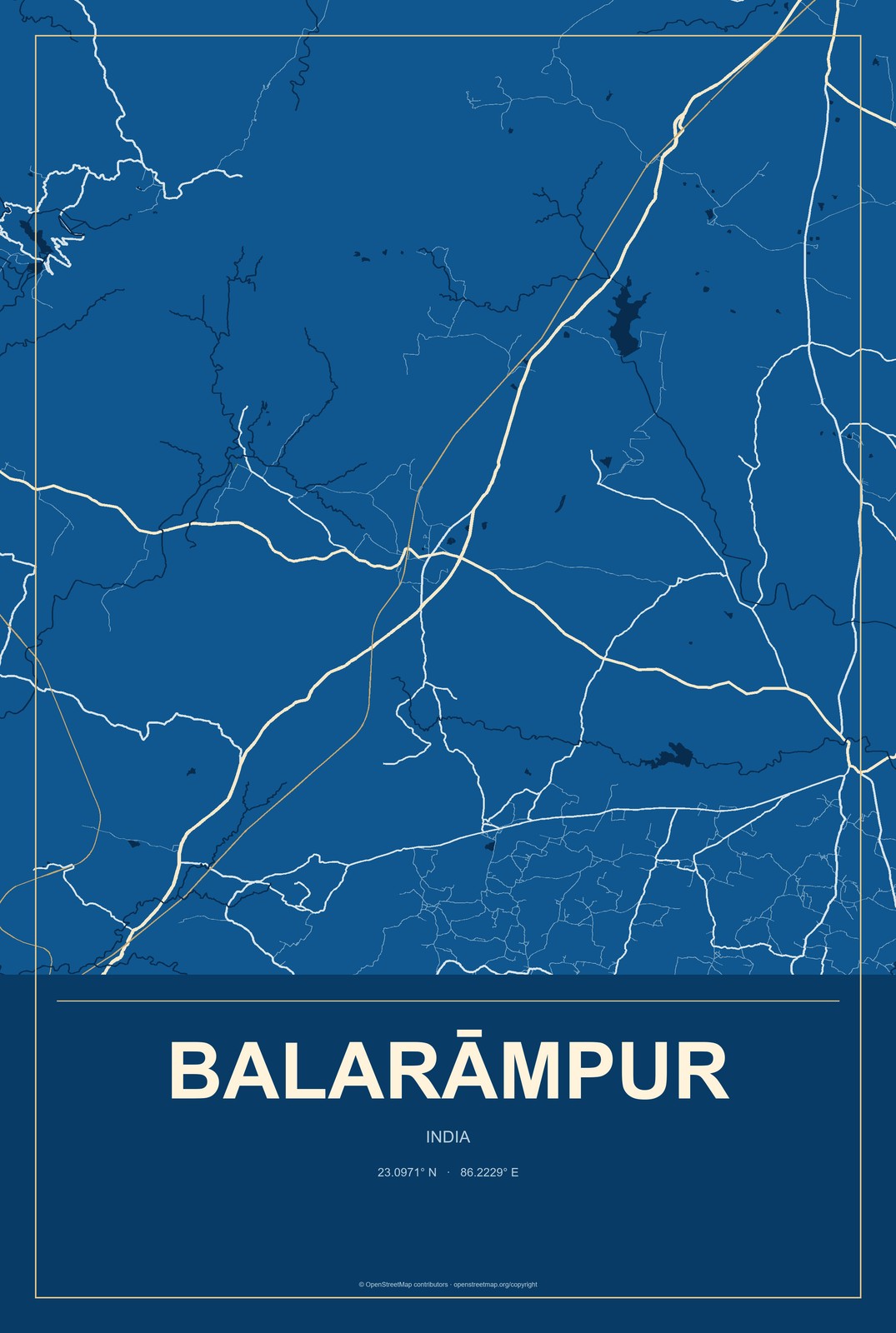 Balarāmpur, India City Map Aluminum Sign in Harbor Cobalt style