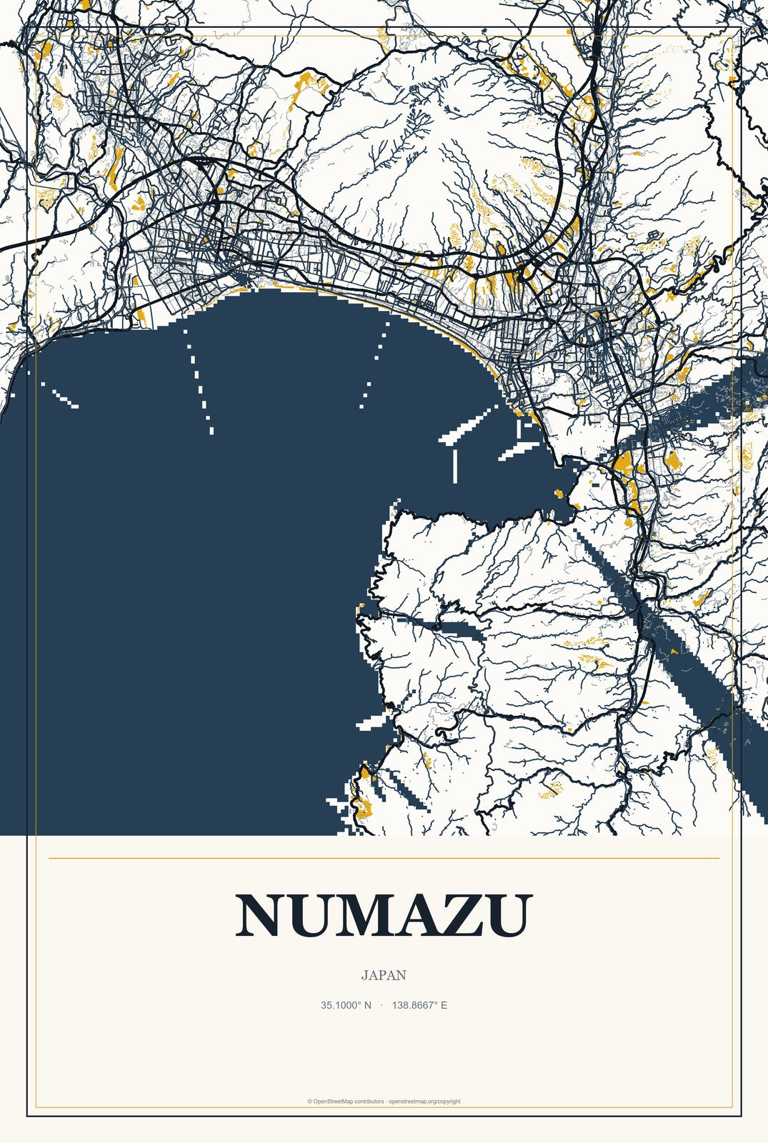 Numazu, Japan City Map Aluminum Sign in Citrine Modern style