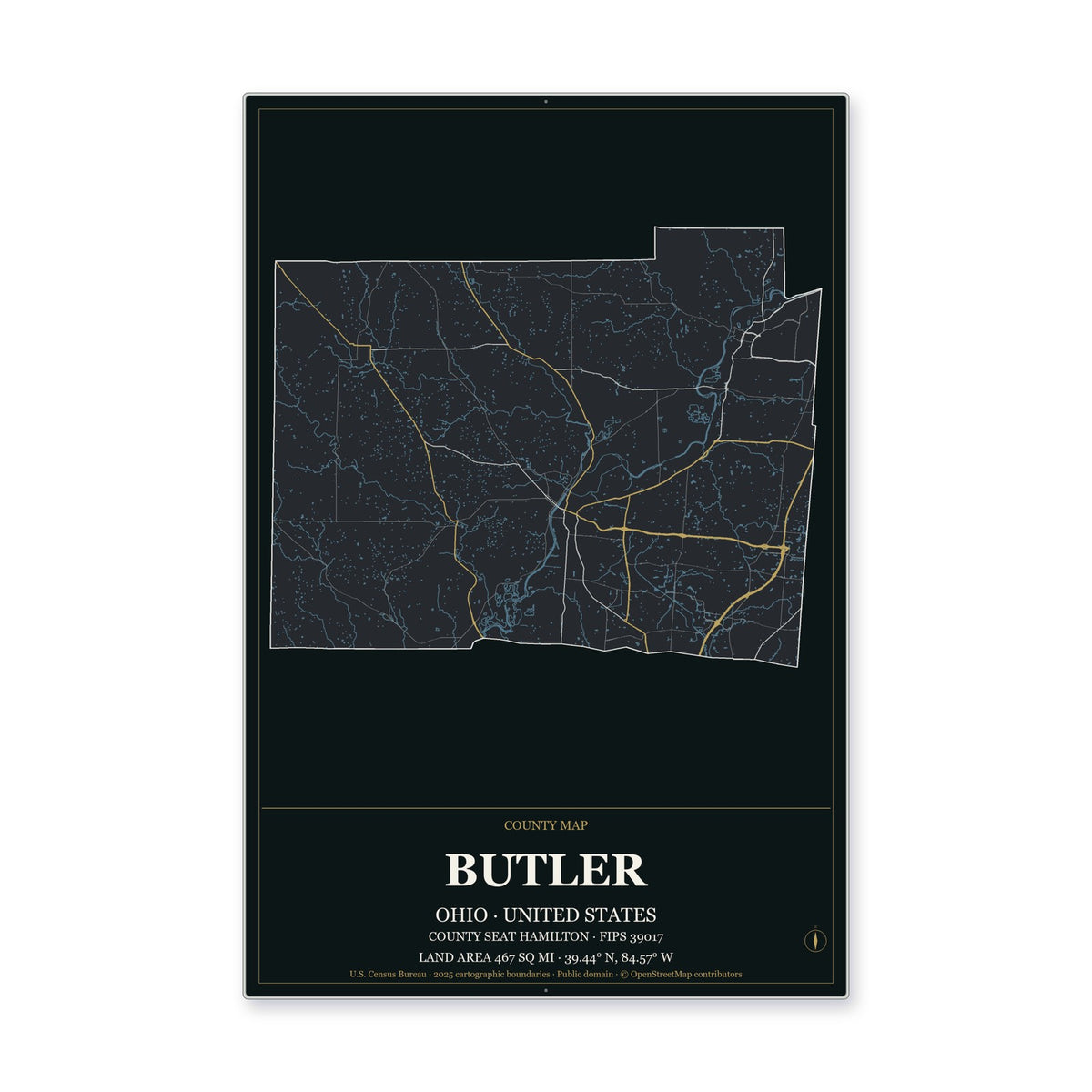 Butler County, Ohio Map Aluminum Sign in Metropolitan Noir style