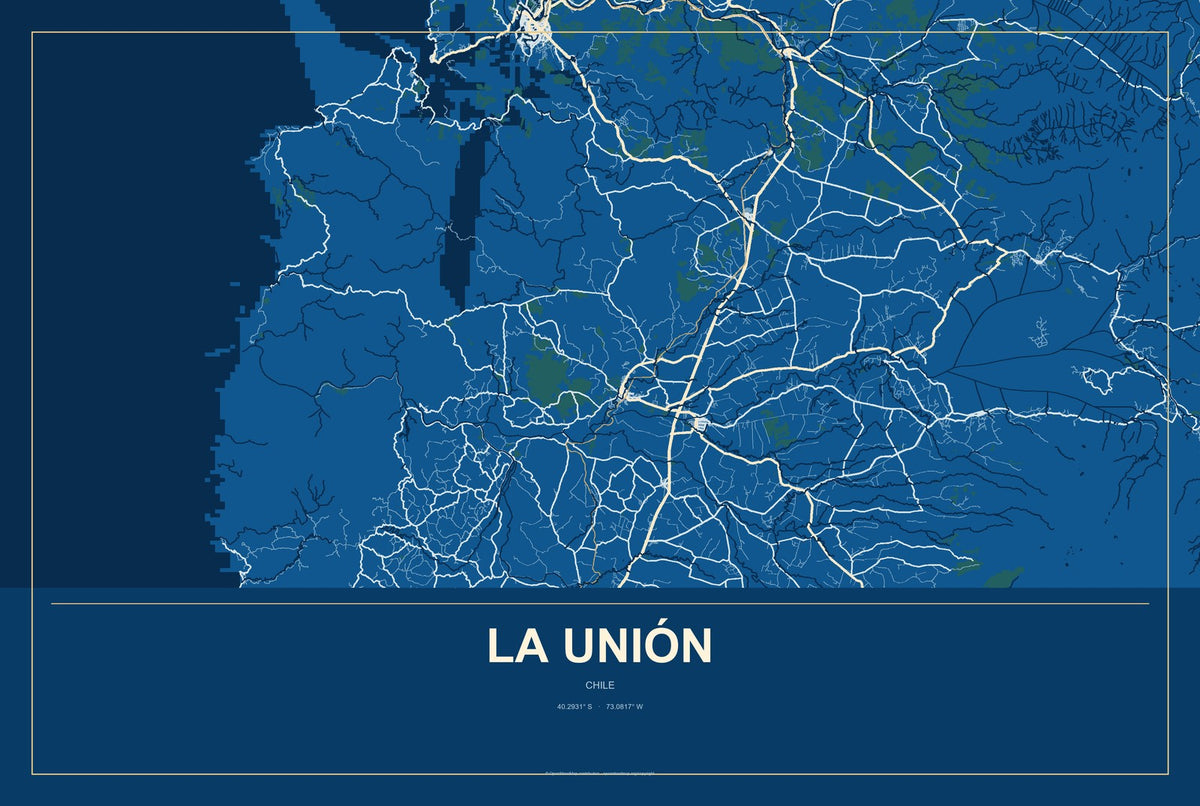 La Unión, Chile City Map Aluminum Sign in Harbor Cobalt style