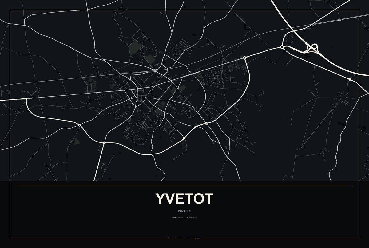 Yvetot, France City Map Aluminum Sign in Metropolitan Noir style