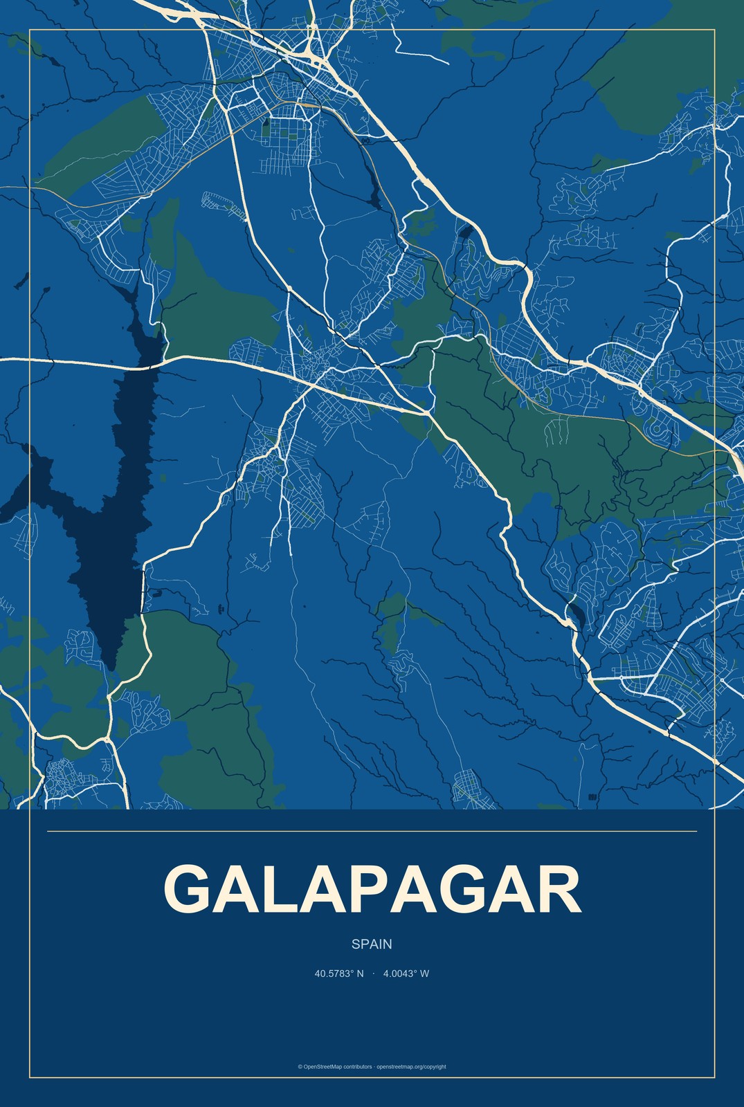 Galapagar, Spain City Map Aluminum Sign in Harbor Cobalt style