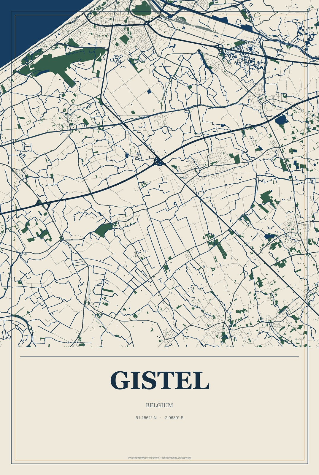 Gistel, Belgium City Map Aluminum Sign in Coastal Cutout style