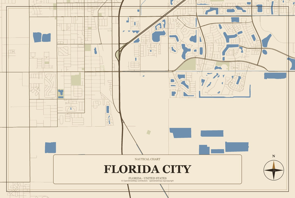 Florida City, Florida City Map Aluminum Sign in Heritage Nautical style