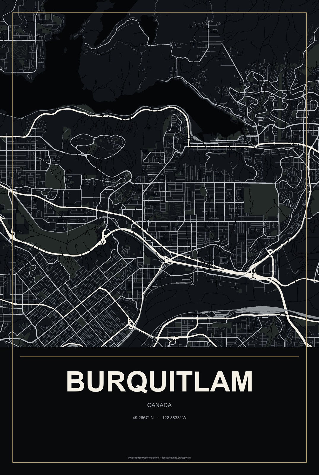 Burquitlam, Canada City Map Aluminum Sign in Metropolitan Noir style