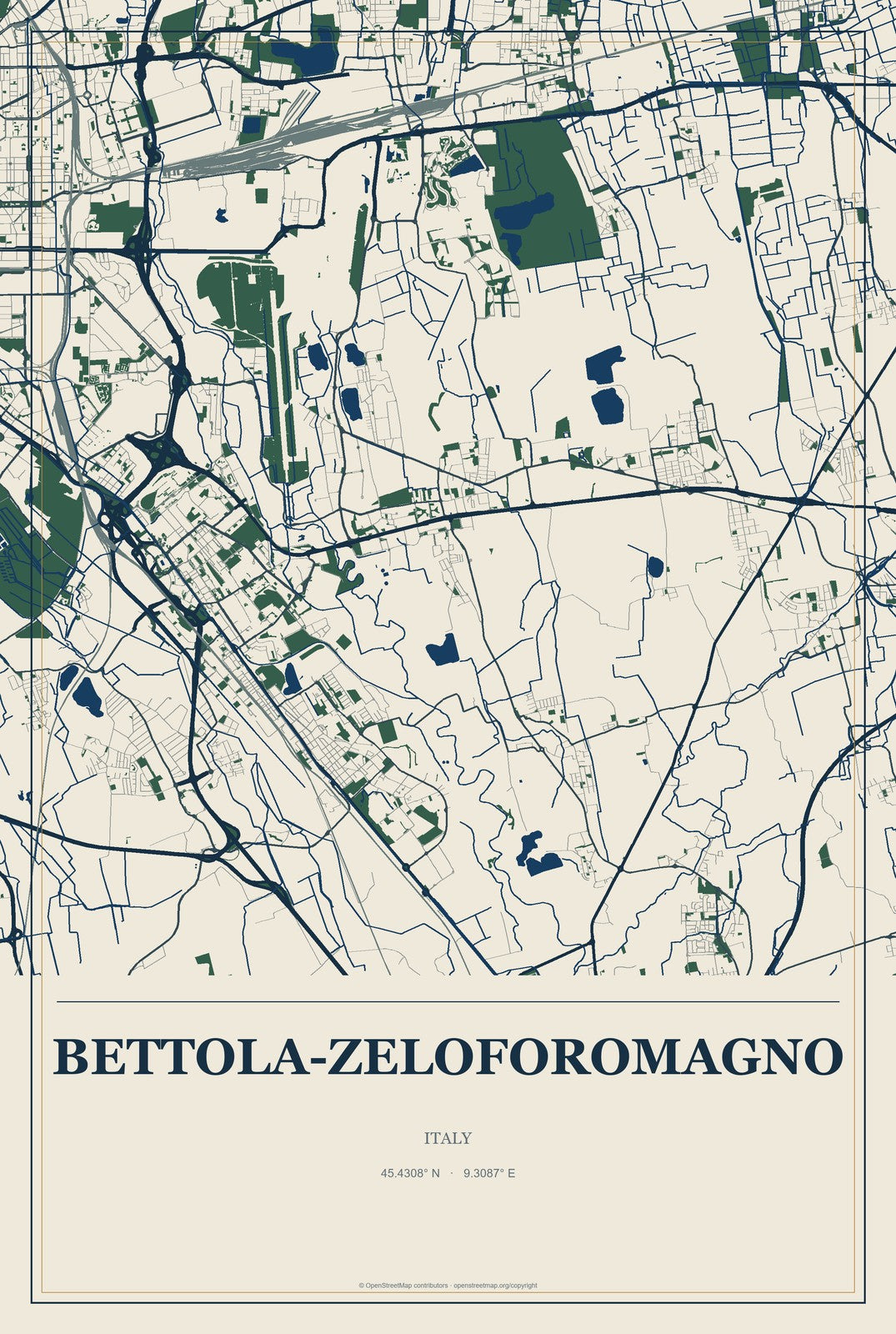 Bettola-Zeloforomagno, Italy City Map Aluminum Sign in Coastal Cutout style
