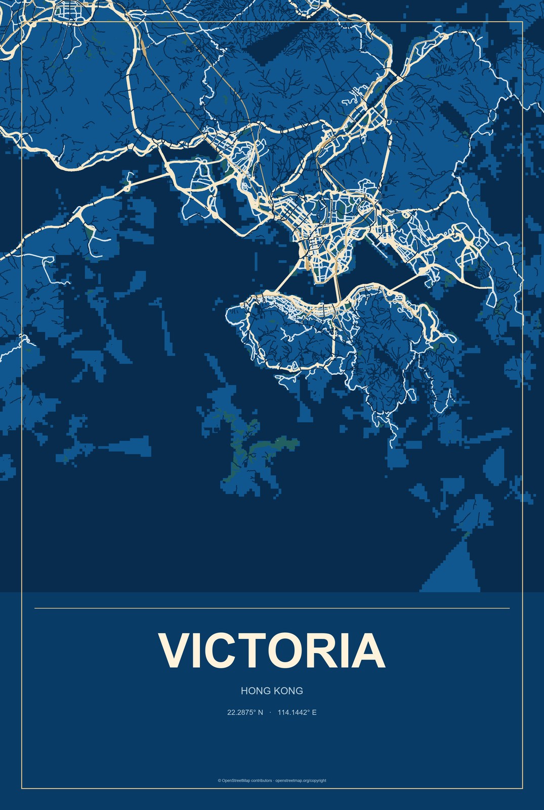 Victoria, Hong Kong City Map Aluminum Sign in Harbor Cobalt style