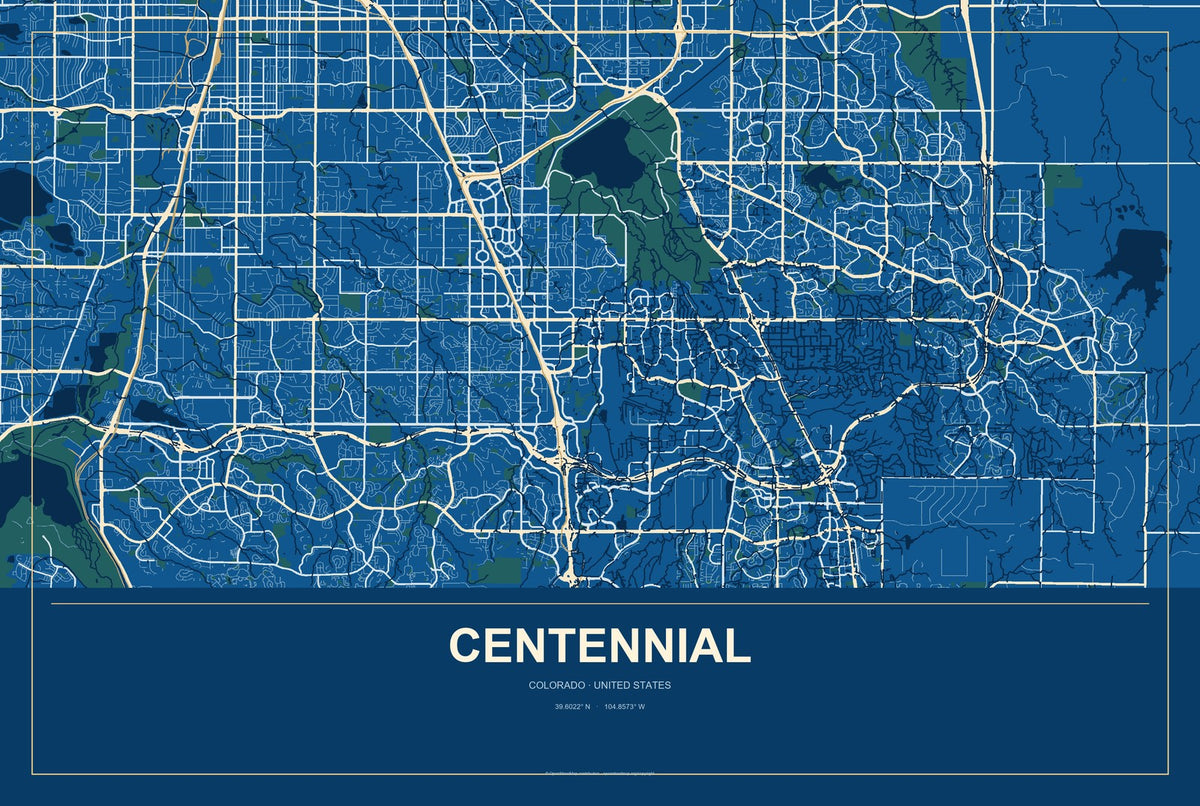 Centennial, Colorado City Map Aluminum Sign in Harbor Cobalt style