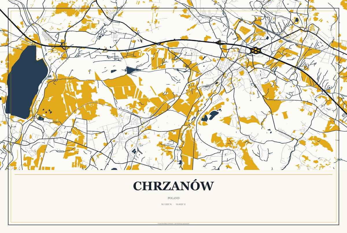 Chrzanów, Poland City Map Aluminum Sign in Citrine Modern style