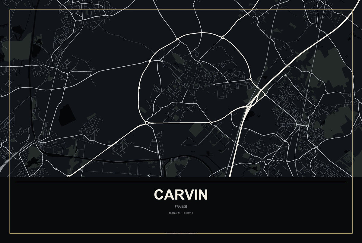 Carvin, France City Map Aluminum Sign in Metropolitan Noir style