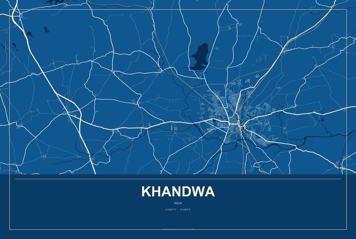 Khandwa, India City Map Aluminum Sign in Harbor Cobalt style