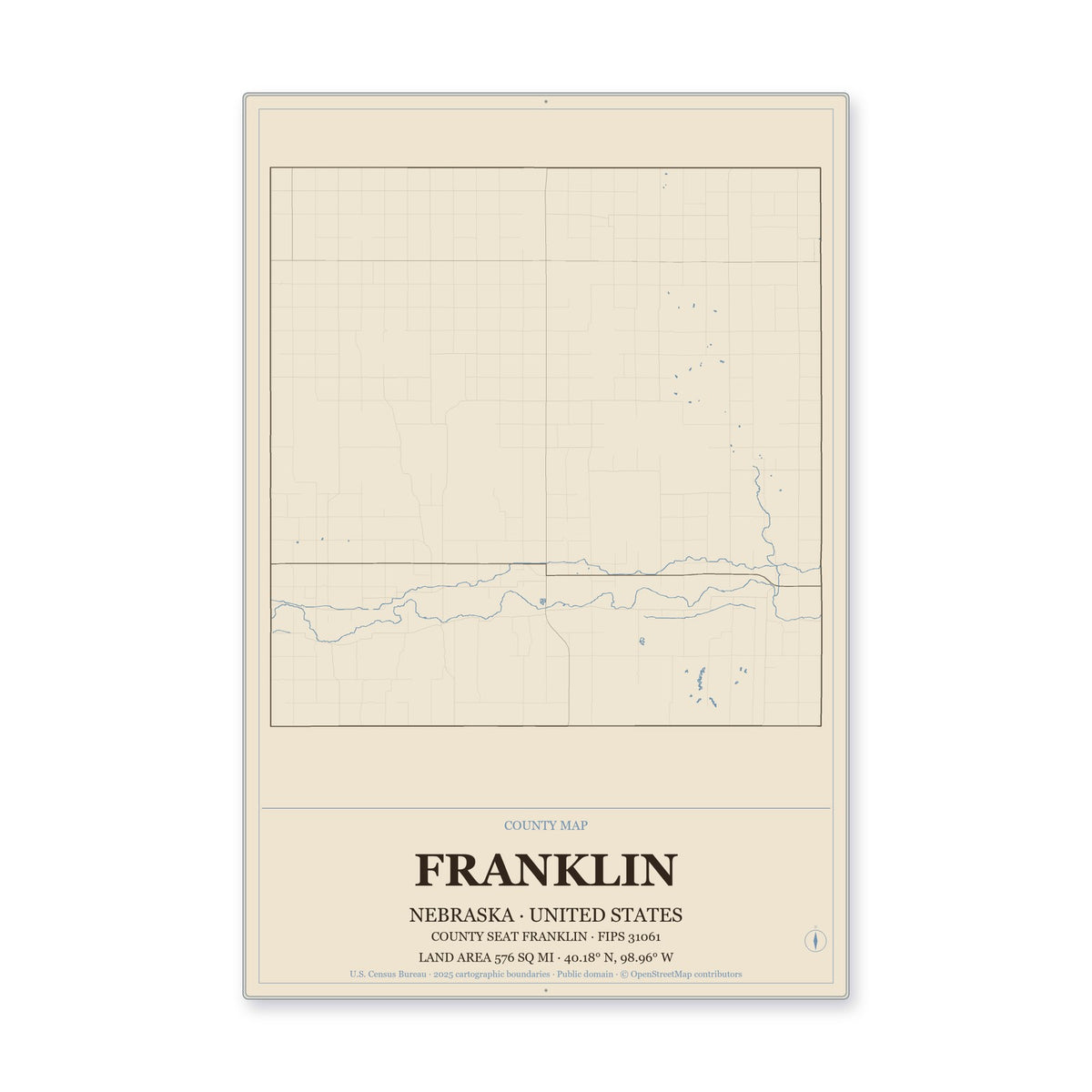 Franklin County, Nebraska Map Aluminum Sign in Heritage Nautical style