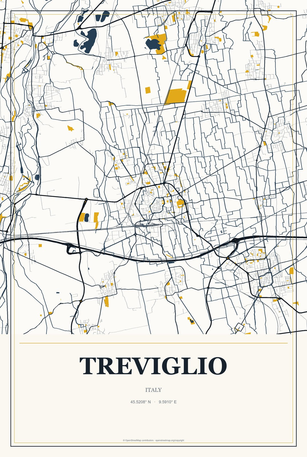 Treviglio, Italy City Map Aluminum Sign in Citrine Modern style
