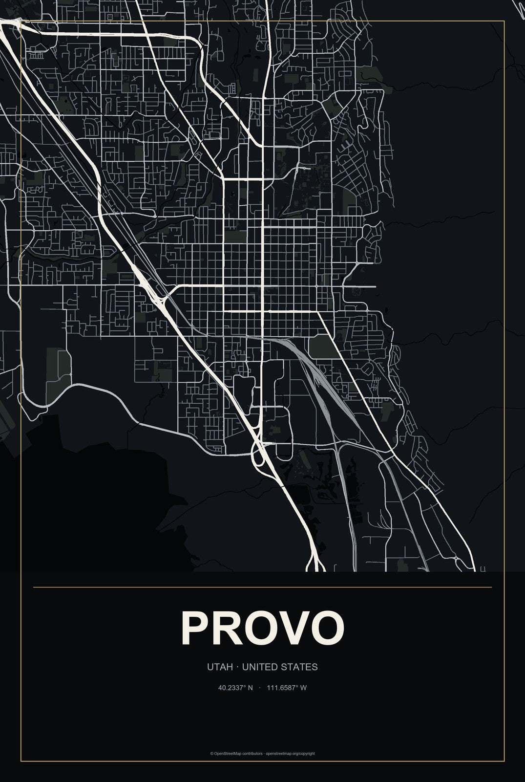 Provo, Utah City Map Aluminum Sign in Metropolitan Noir style