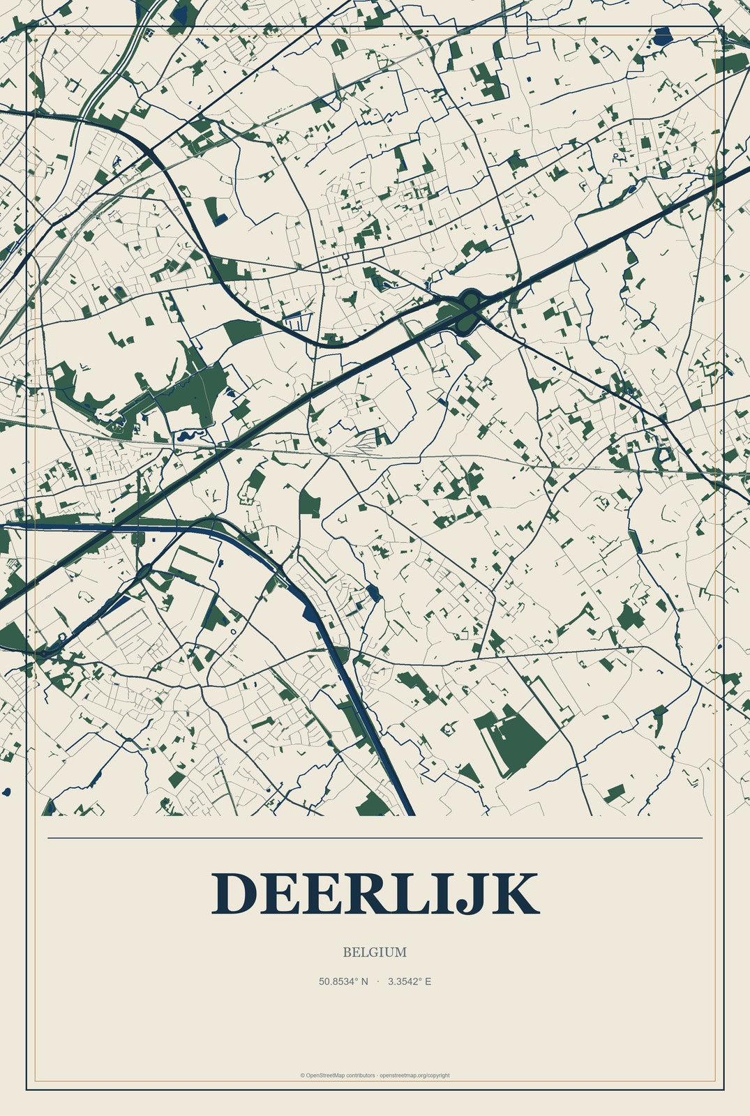 Deerlijk, Belgium City Map Aluminum Sign in Coastal Cutout style