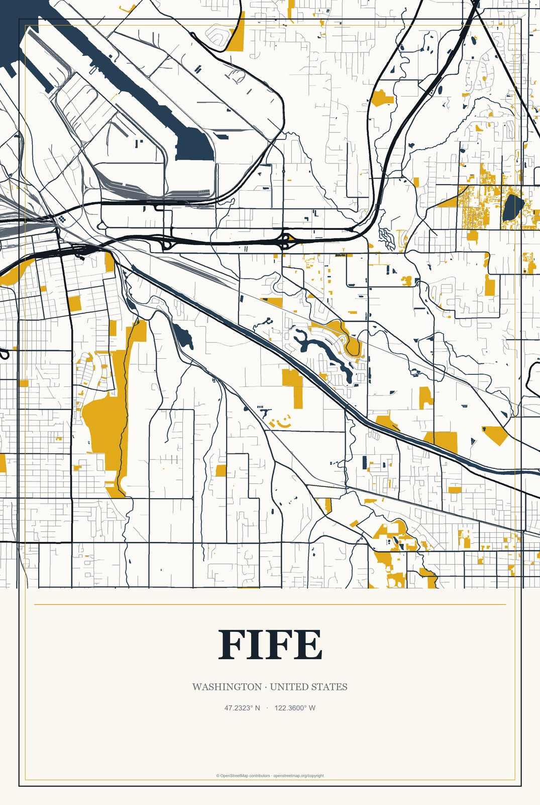 Fife, Washington City Map Aluminum Sign in Citrine Modern style