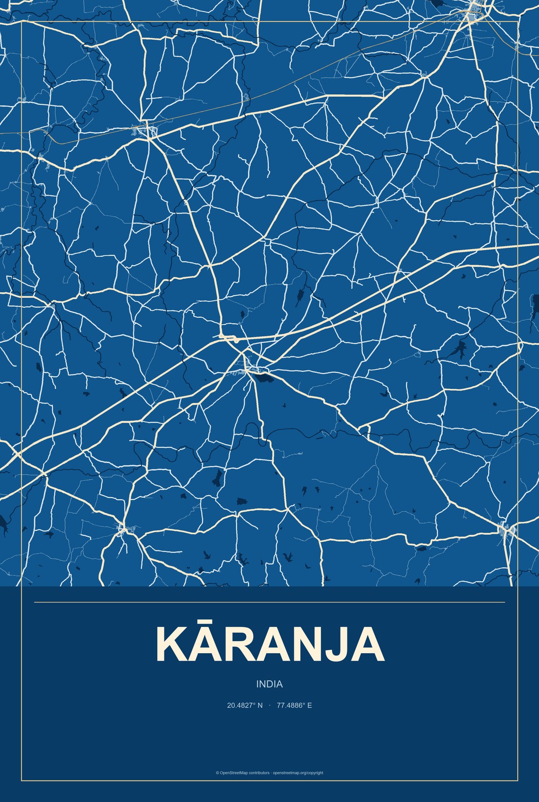 Kāranja, India City Map Aluminum Sign in Harbor Cobalt style