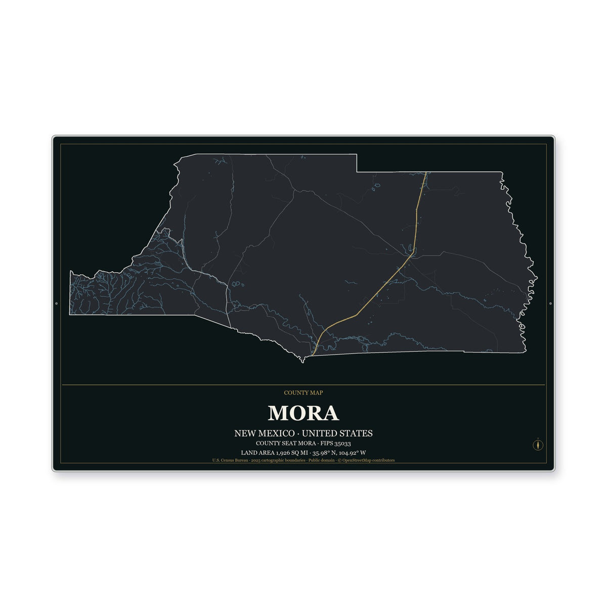 Mora County, New Mexico Map Aluminum Sign in Metropolitan Noir style