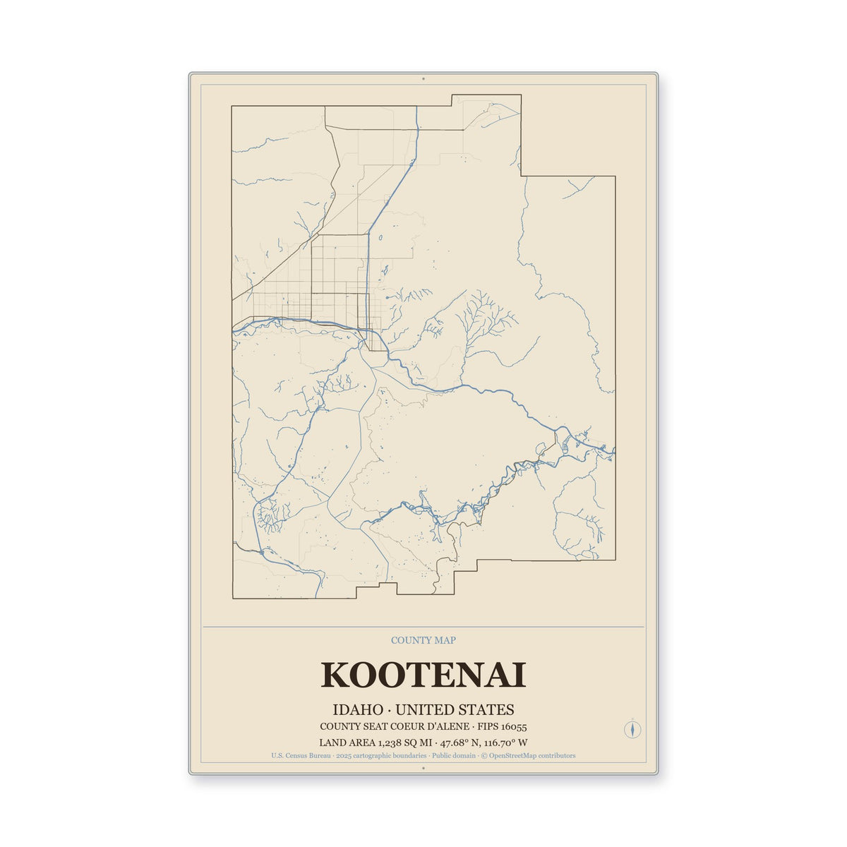 Kootenai County, Idaho Map Aluminum Sign in Heritage Nautical style