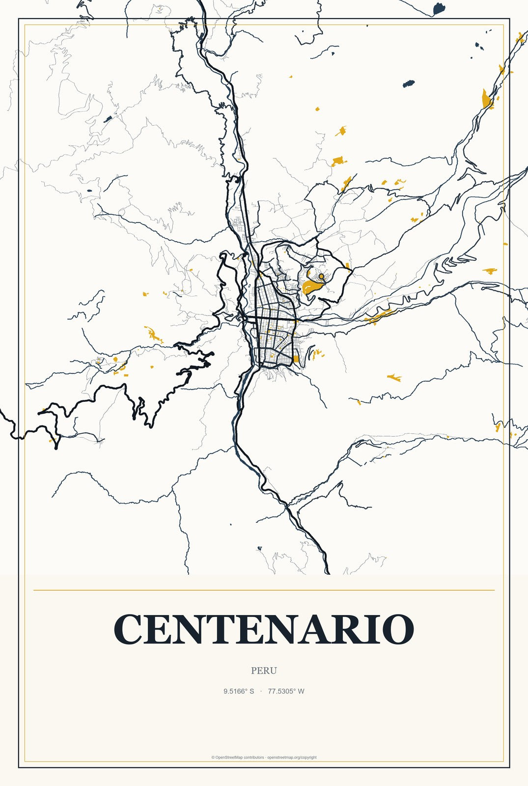 Centenario, Peru City Map Aluminum Sign in Citrine Modern style