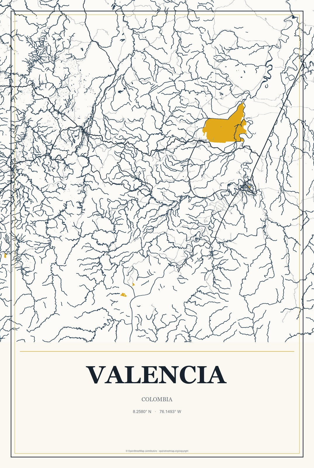 Valencia, Colombia City Map Aluminum Sign in Citrine Modern style
