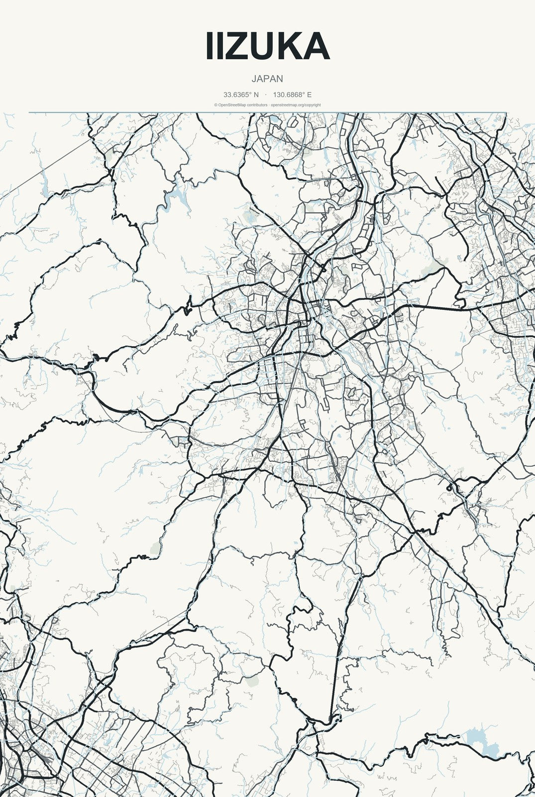 Iizuka, Japan City Map Aluminum Sign in Headline Atlas style
