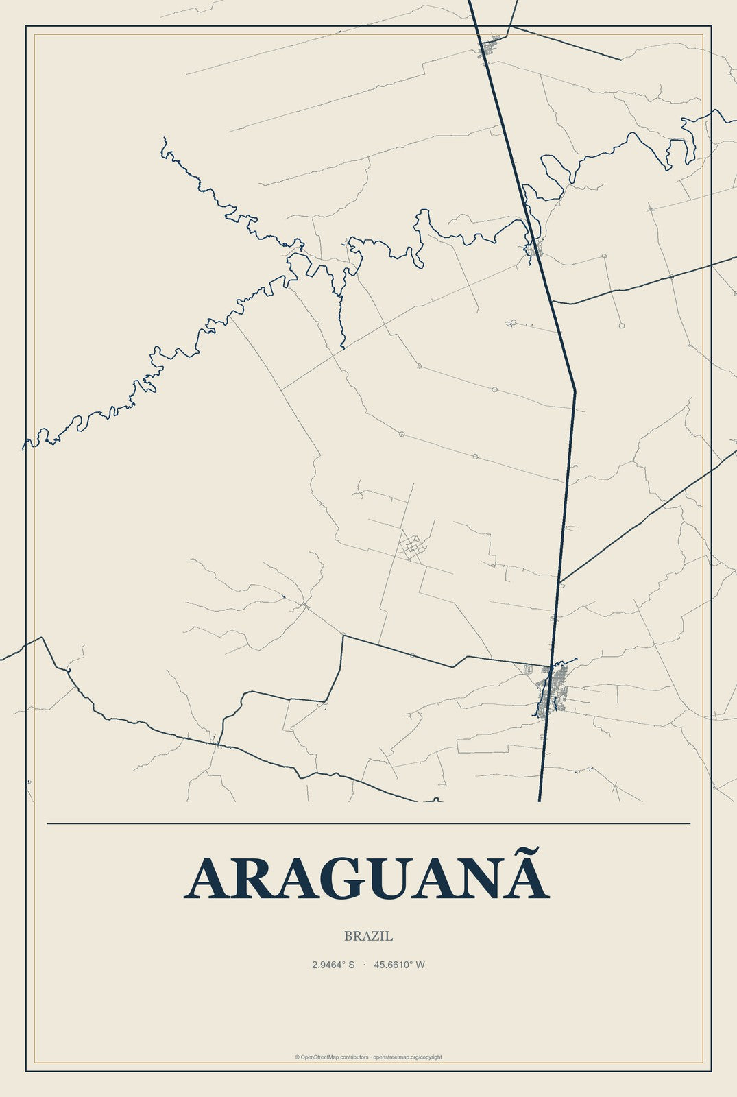 Araguanã, Brazil City Map Aluminum Sign in Coastal Cutout style