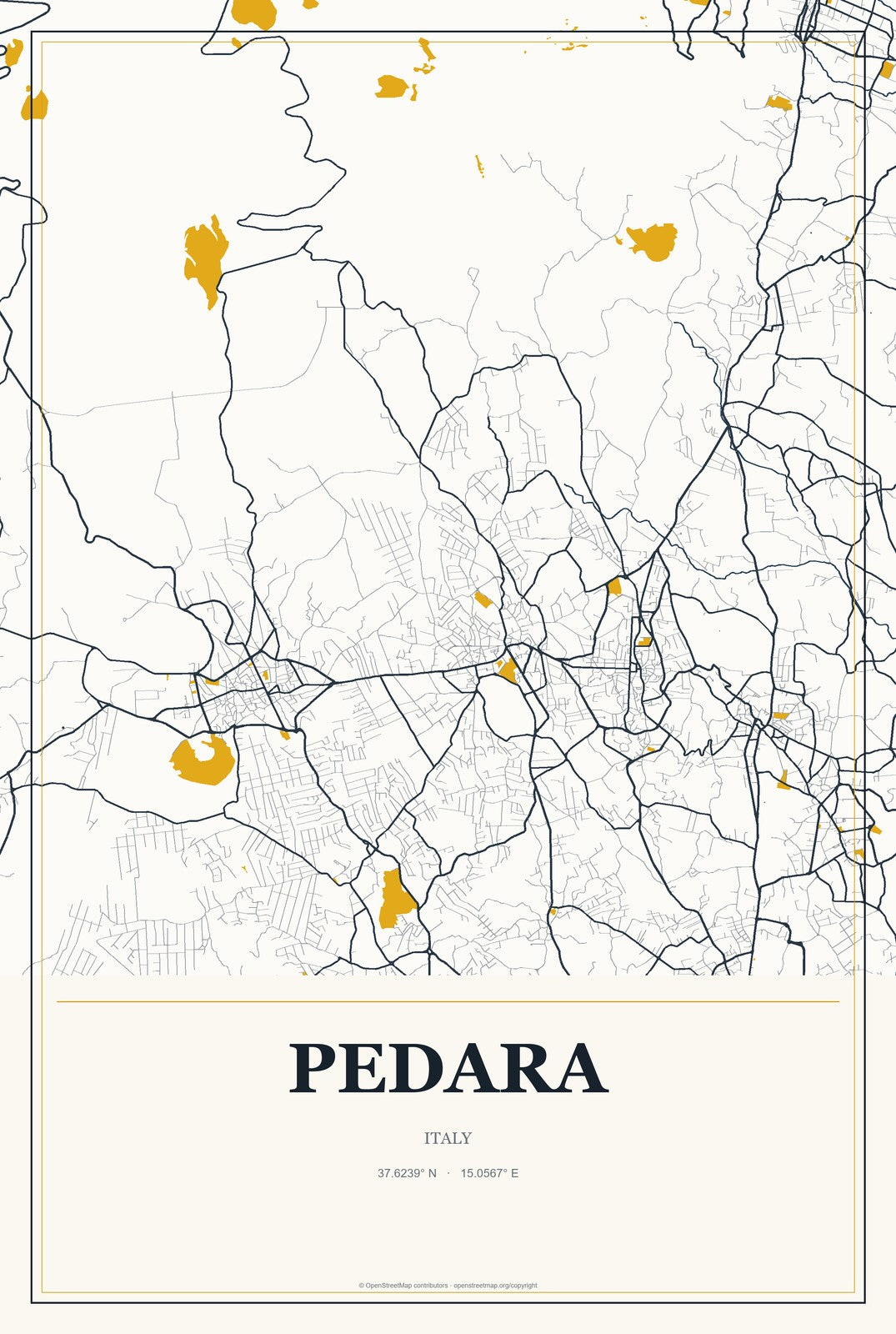 Pedara, Italy City Map Aluminum Sign in Citrine Modern style