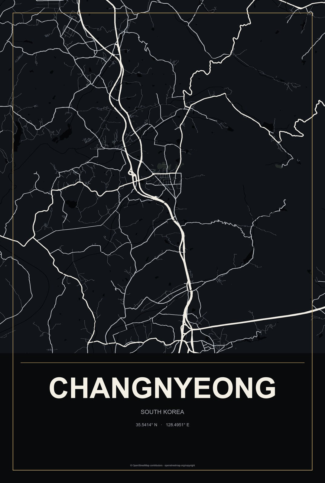 Changnyeong, South Korea City Map Aluminum Sign in Metropolitan Noir style
