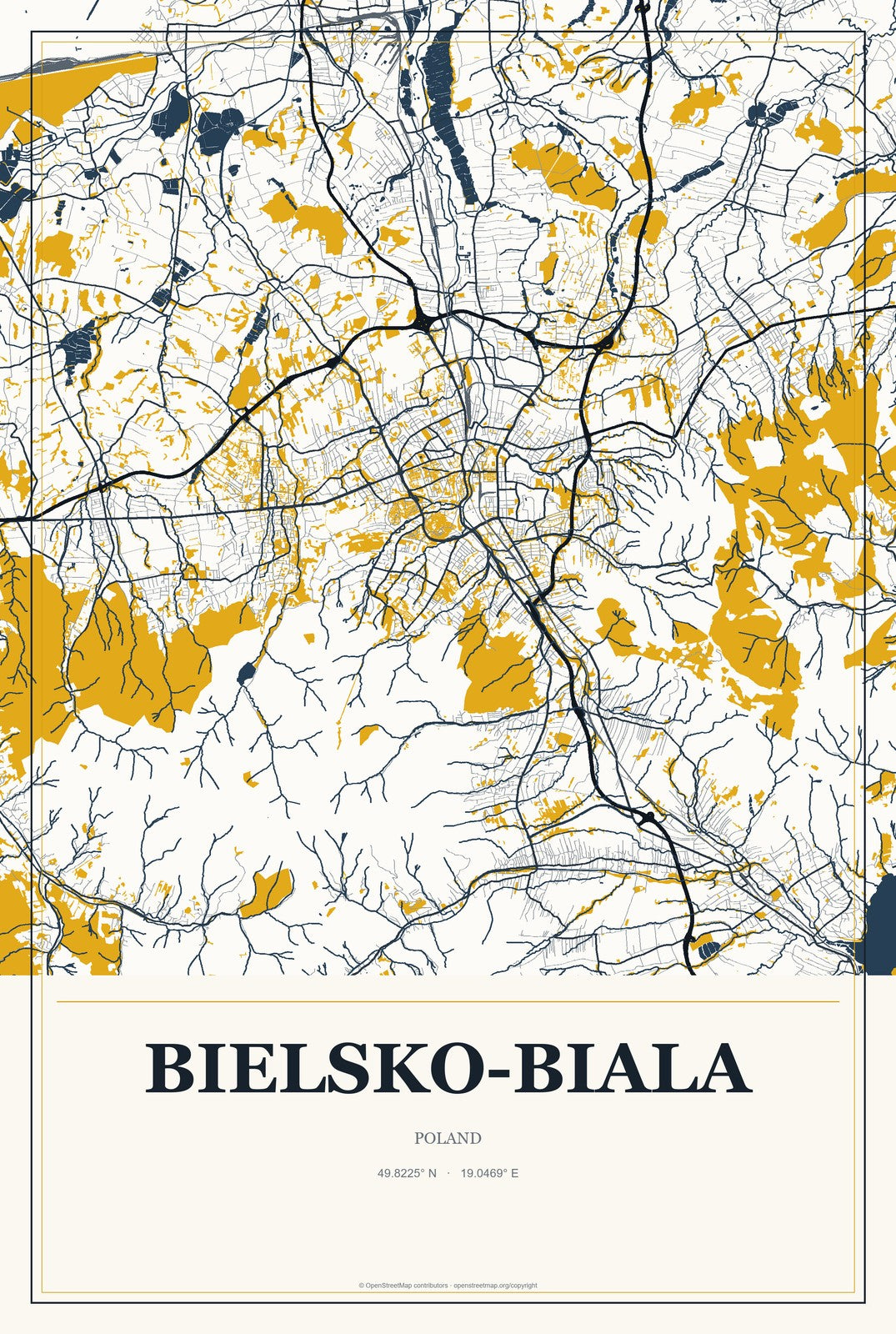 Bielsko-Biala, Poland City Map Aluminum Sign in Citrine Modern style