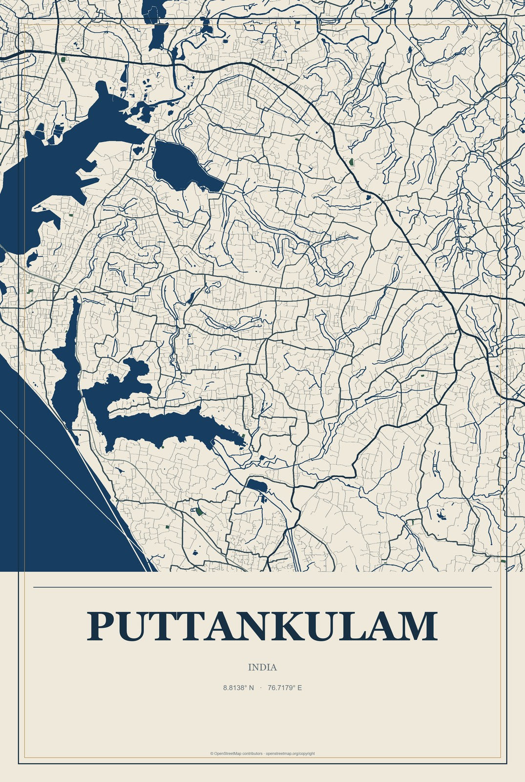 Puttankulam, India City Map Aluminum Sign in Coastal Cutout style