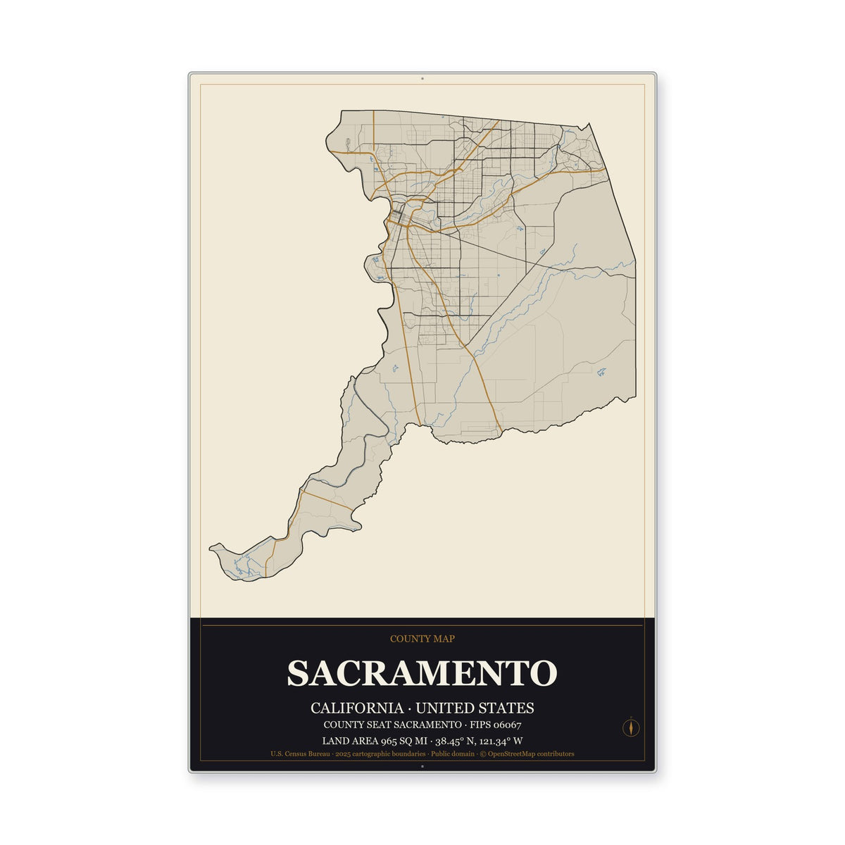 Sacramento County, California Map Aluminum Sign in Museum Plaque style