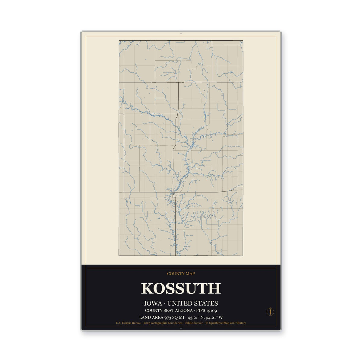 Kossuth County, Iowa Map Aluminum Sign in Museum Plaque style