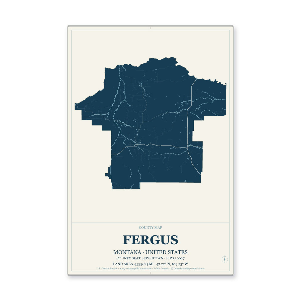 Fergus County, Montana Map Aluminum Sign in Coastal Cutout style