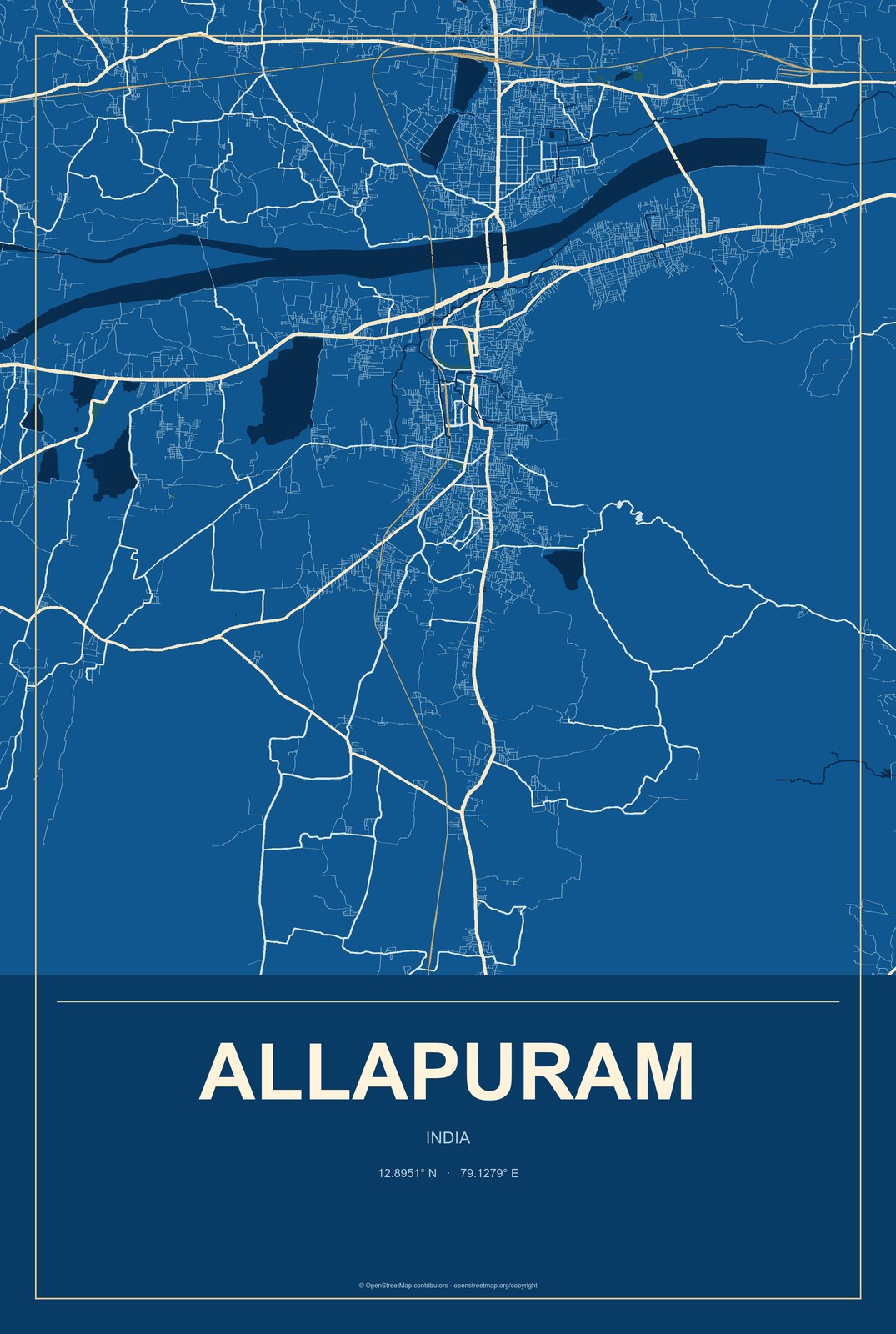 Allapuram, India City Map Aluminum Sign in Harbor Cobalt style