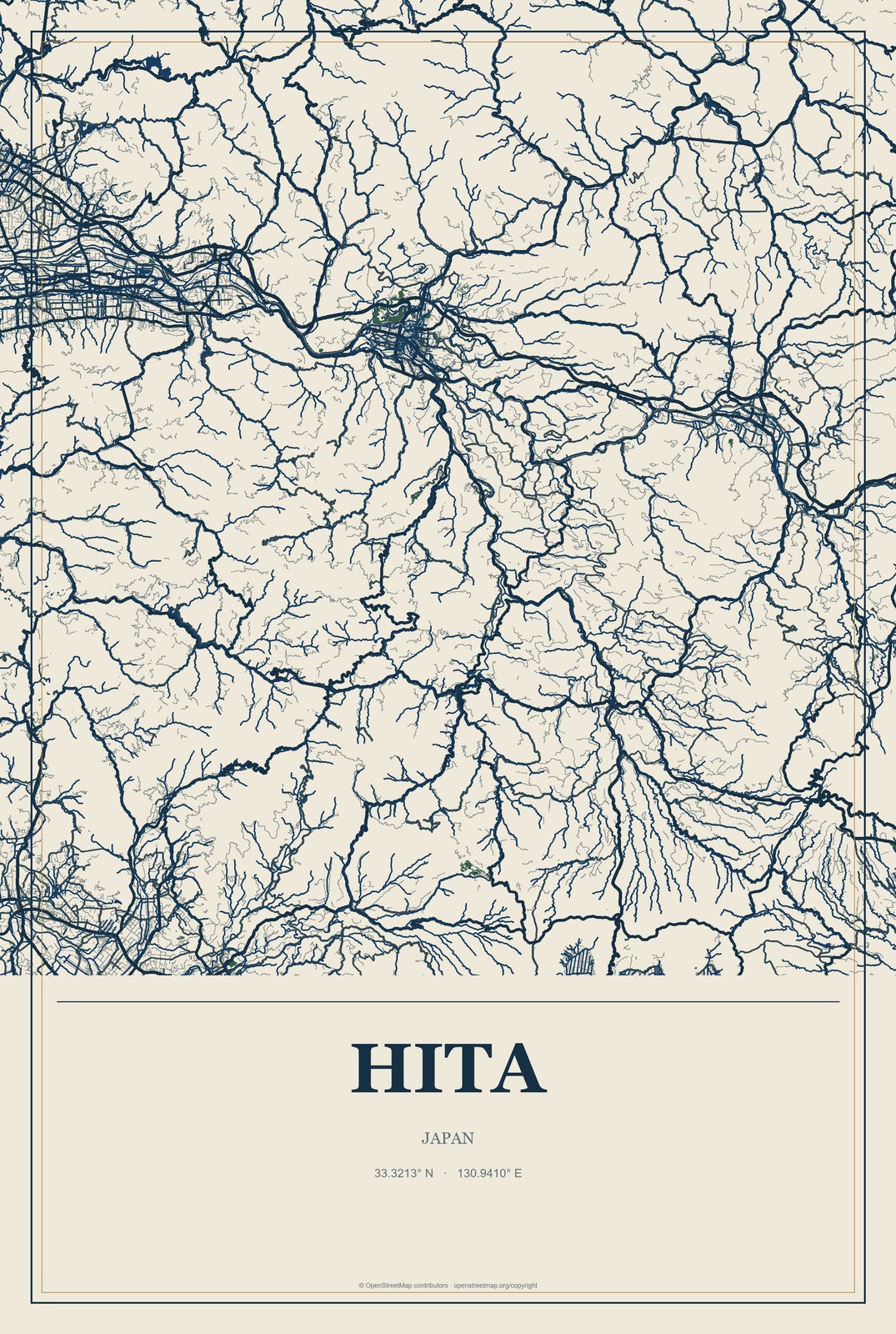 Hita, Japan City Map Aluminum Sign in Coastal Cutout style