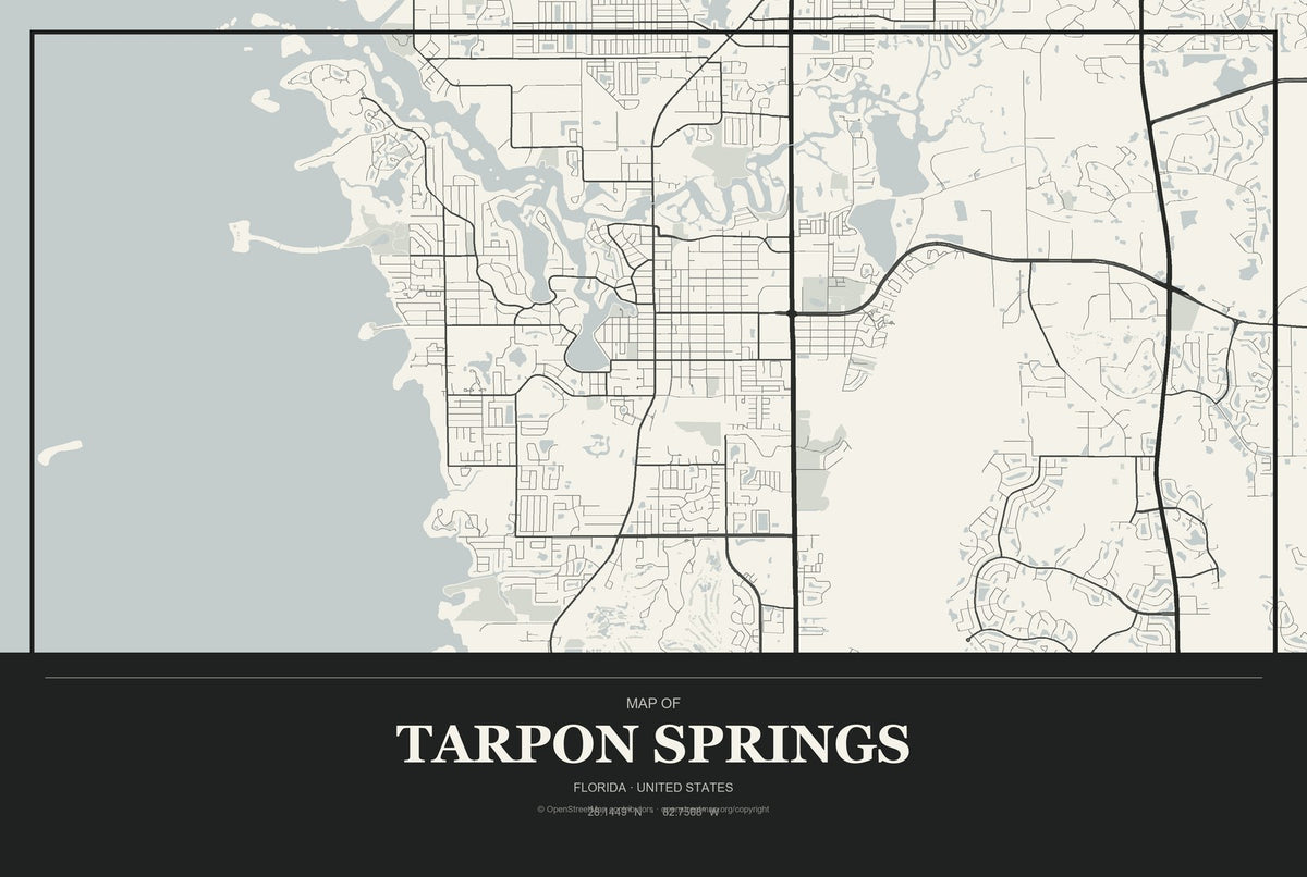 Tarpon Springs, Florida City Map Aluminum Sign in Museum Plaque style