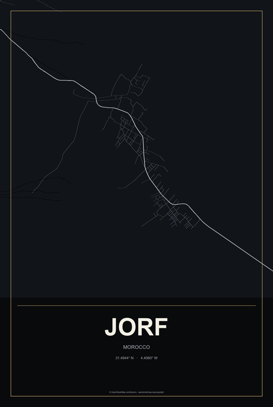 Jorf, Morocco City Map Aluminum Sign in Metropolitan Noir style