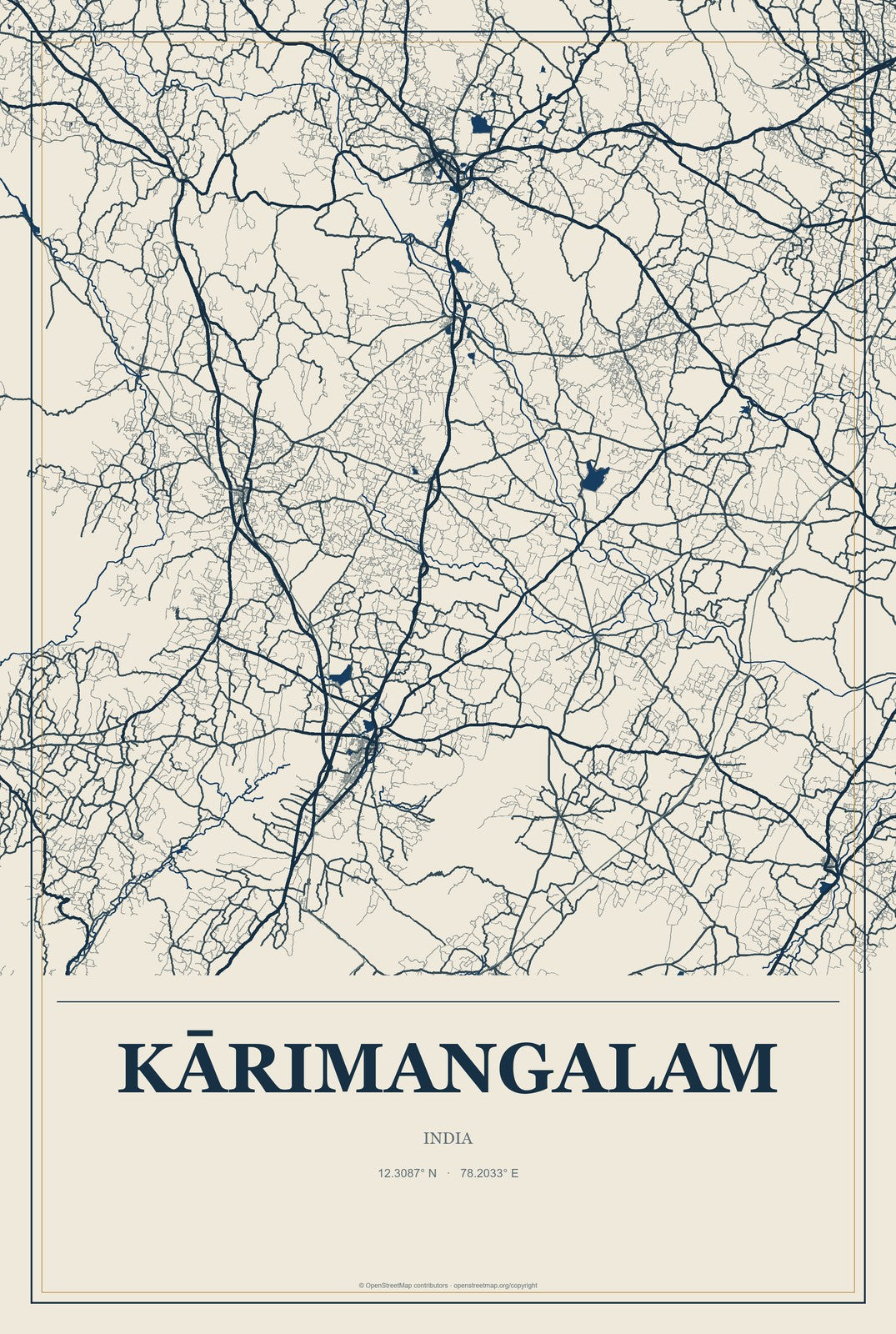 Kārimangalam, India City Map Aluminum Sign in Coastal Cutout style