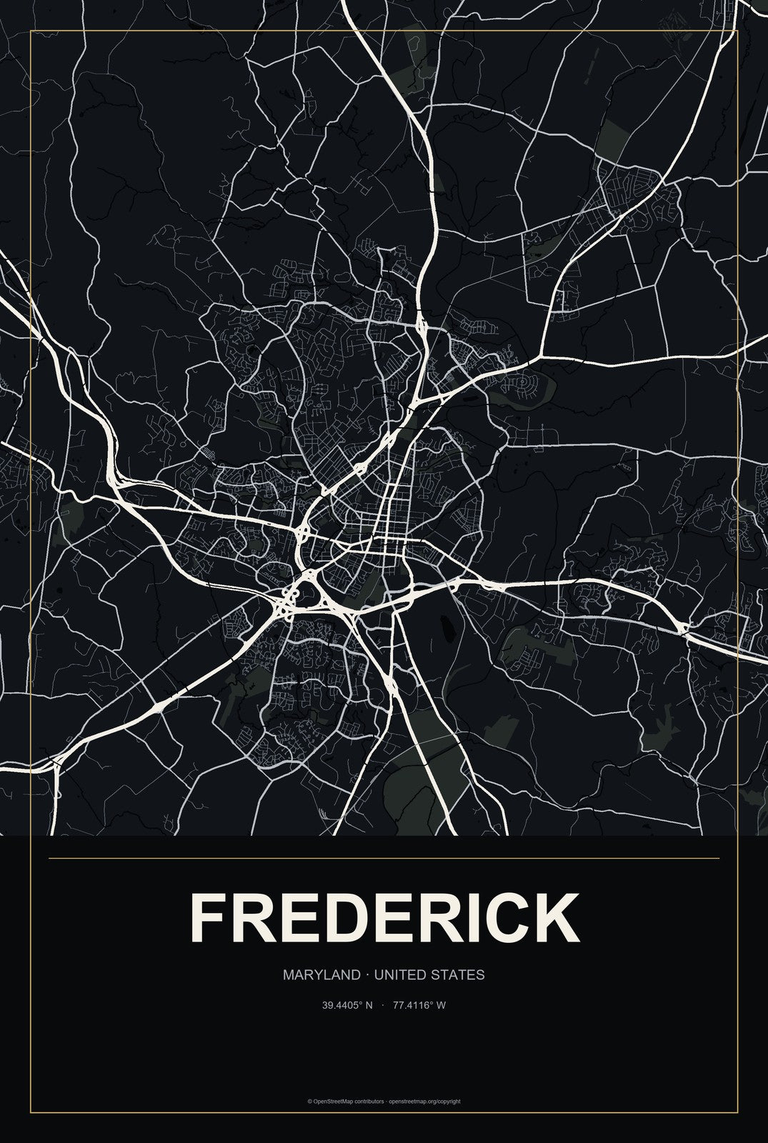 Frederick, Maryland City Map Aluminum Sign in Metropolitan Noir style
