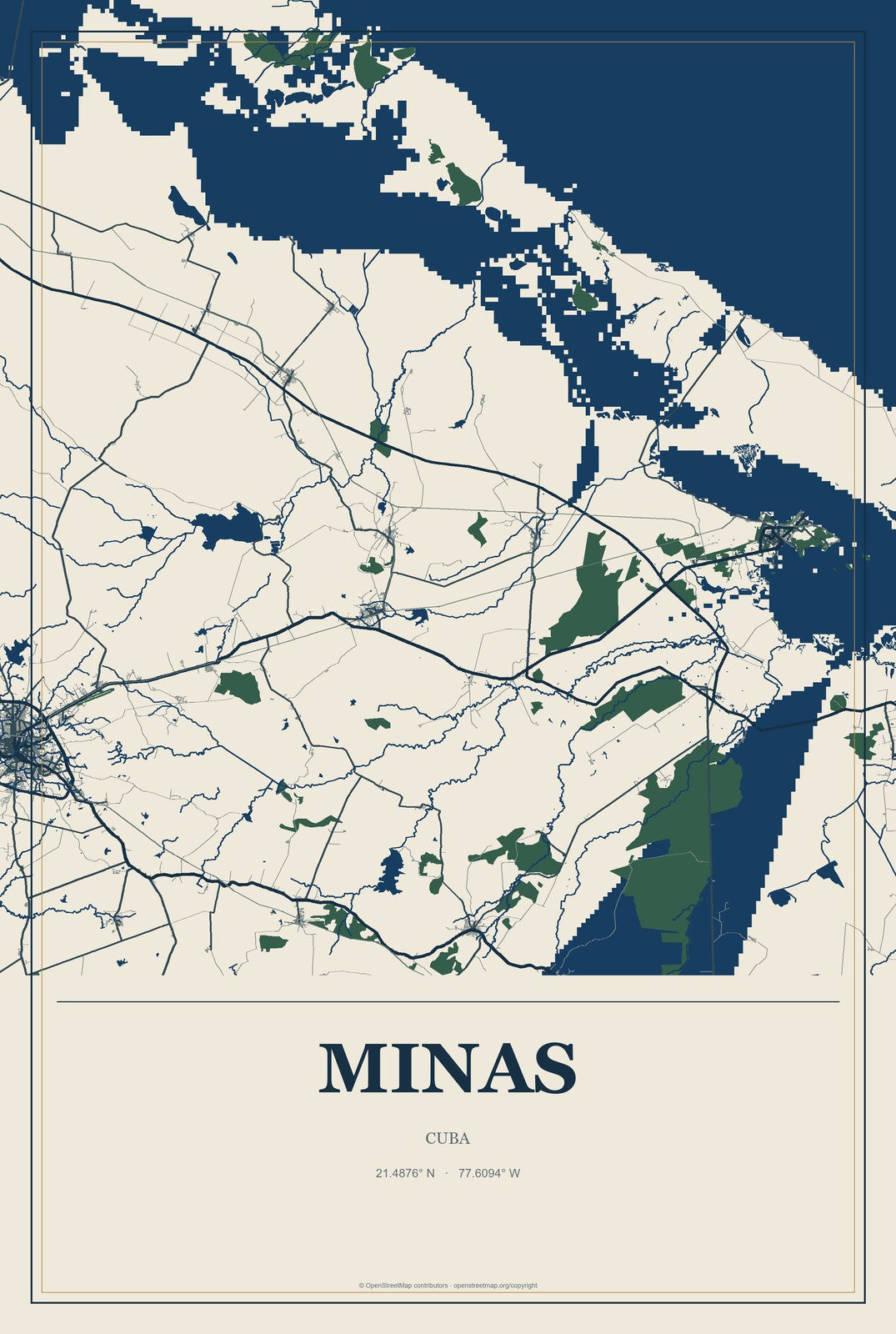 Minas, Cuba City Map Aluminum Sign in Coastal Cutout style