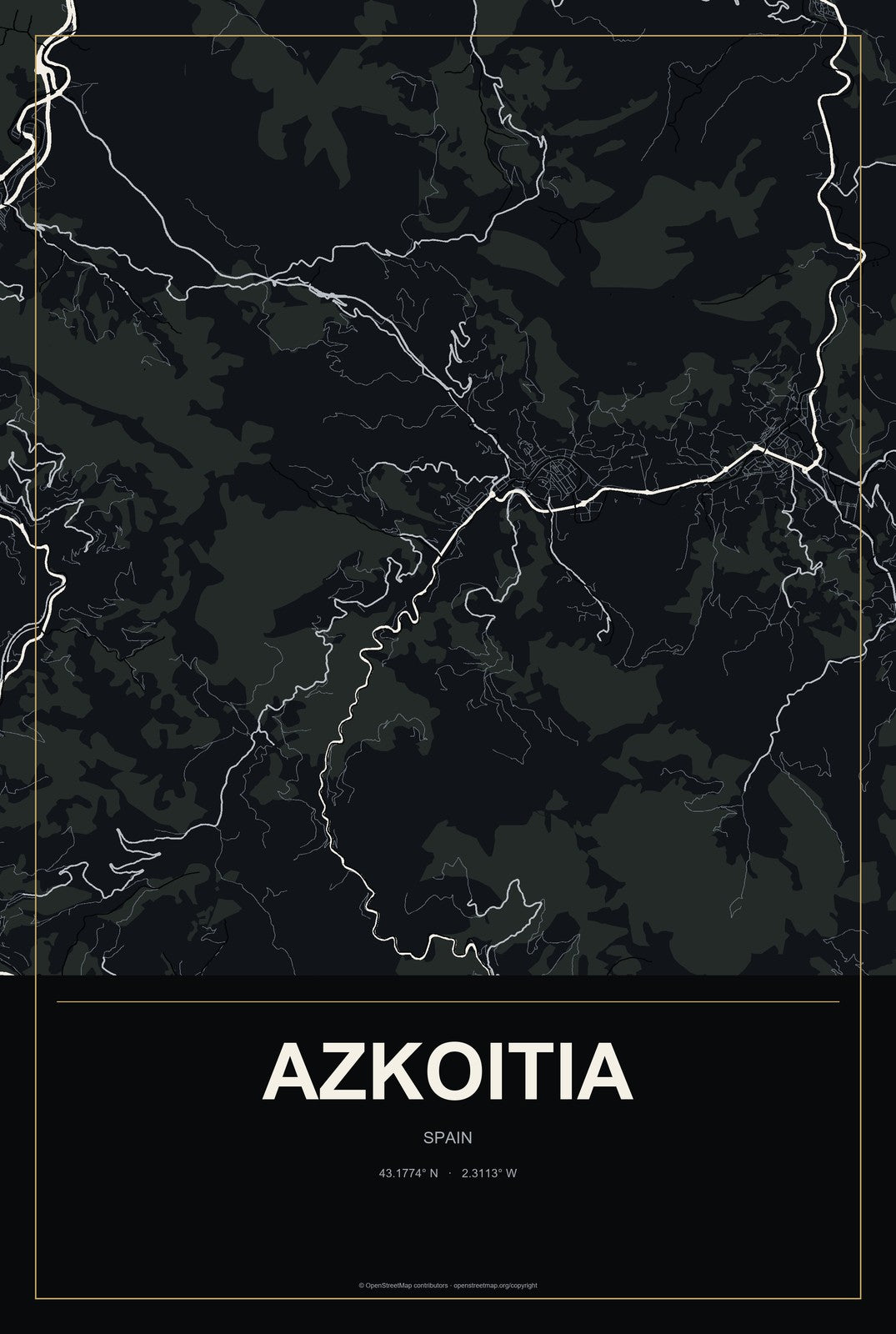Azkoitia, Spain City Map Aluminum Sign in Metropolitan Noir style
