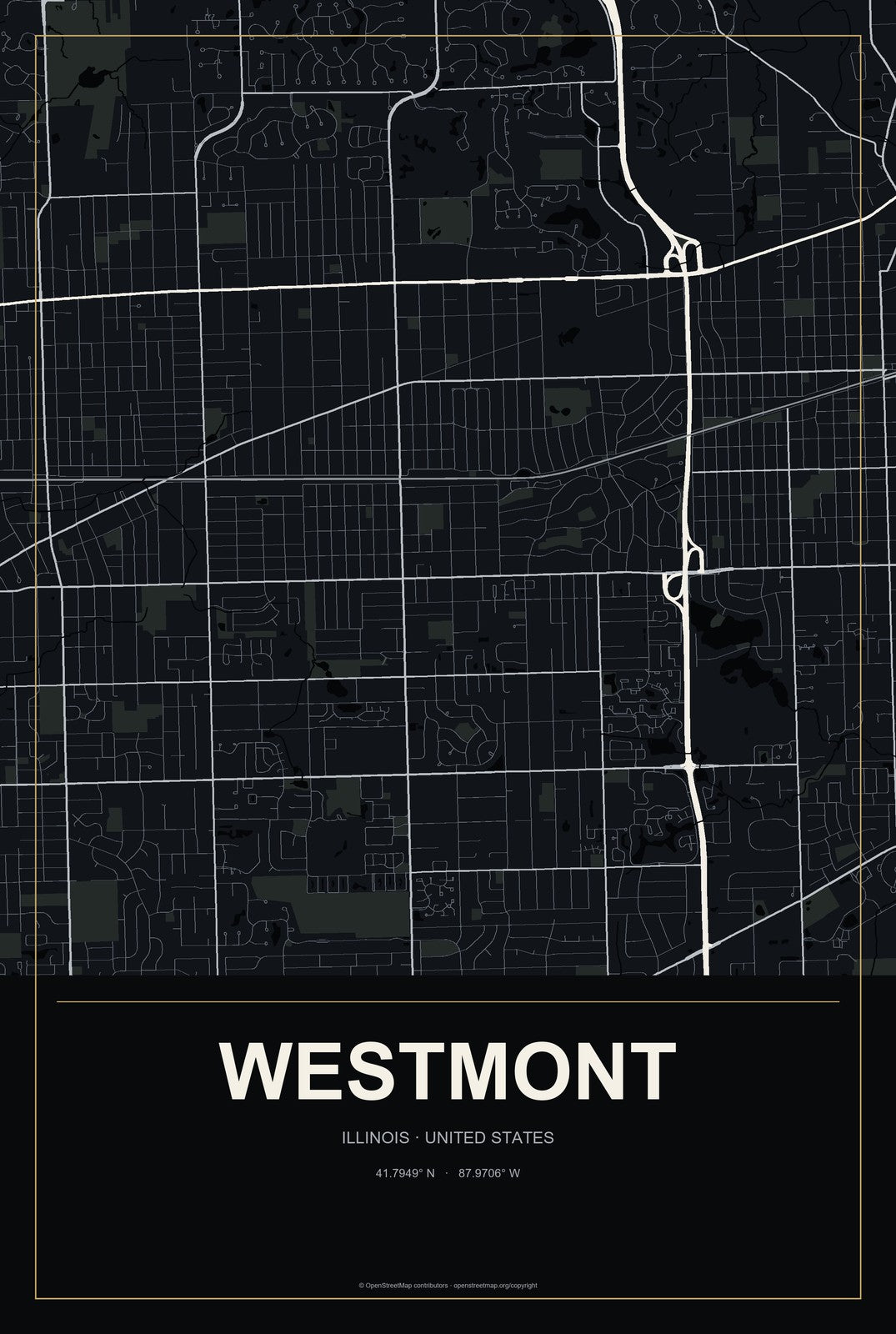 Westmont, Illinois City Map Aluminum Sign in Metropolitan Noir style
