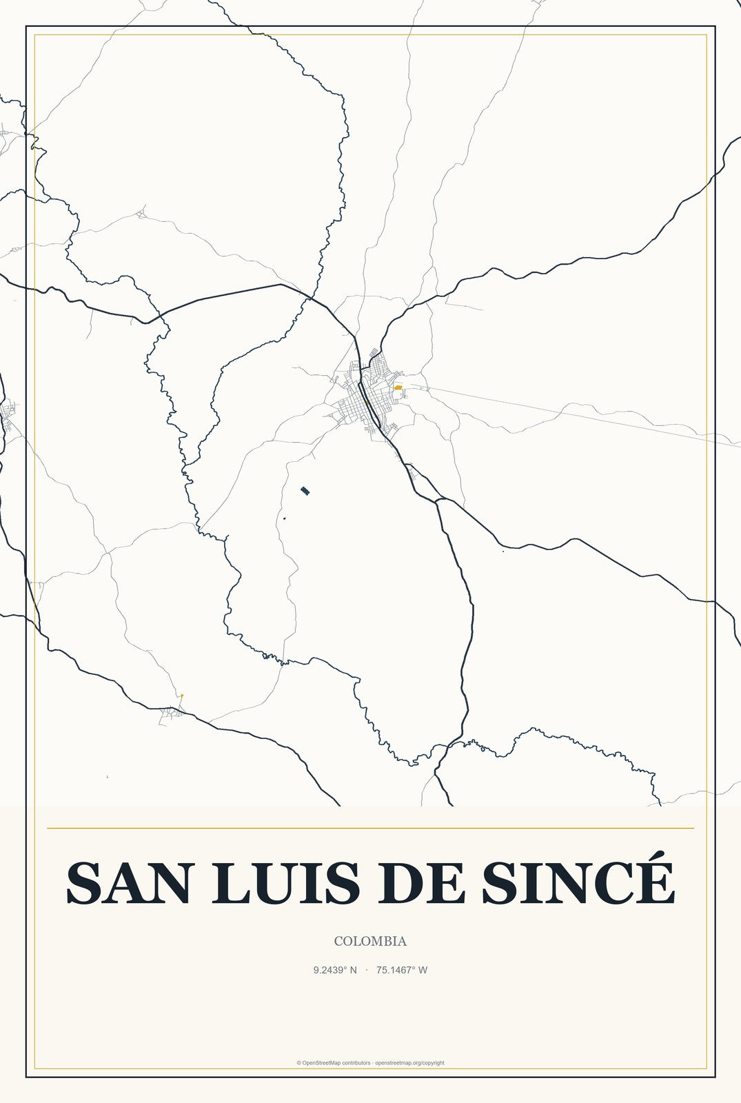San Luis de Sincé, Colombia City Map Aluminum Sign in Citrine Modern style
