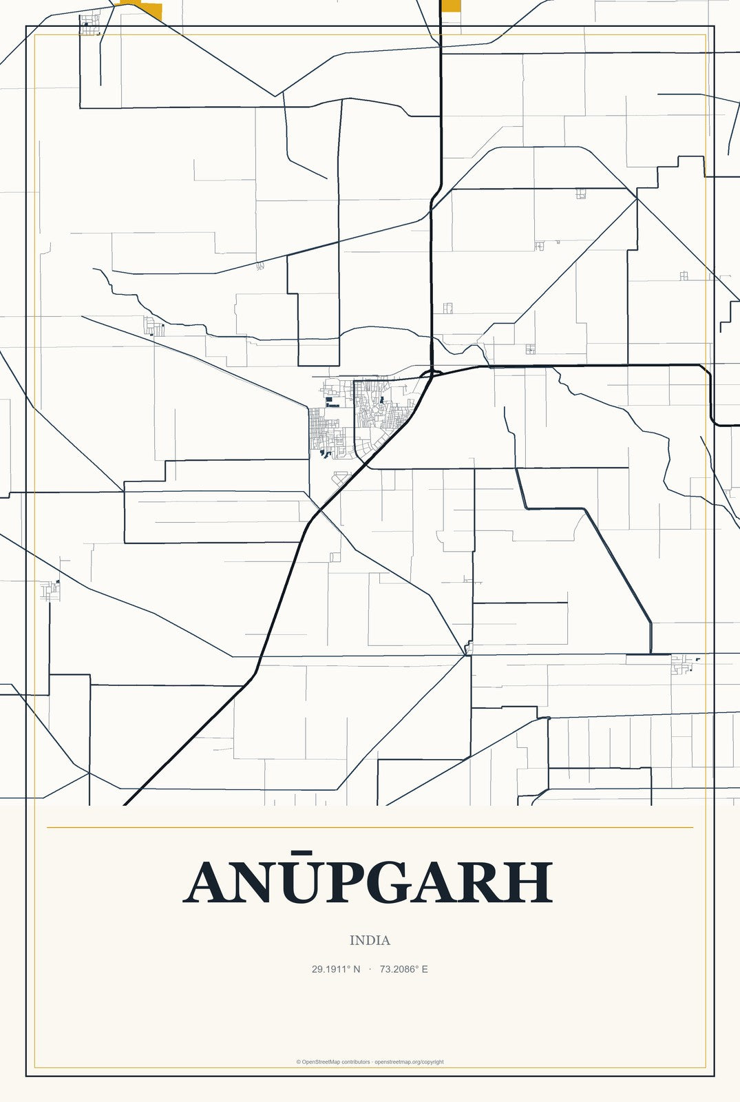 Anūpgarh, India City Map Aluminum Sign in Citrine Modern style